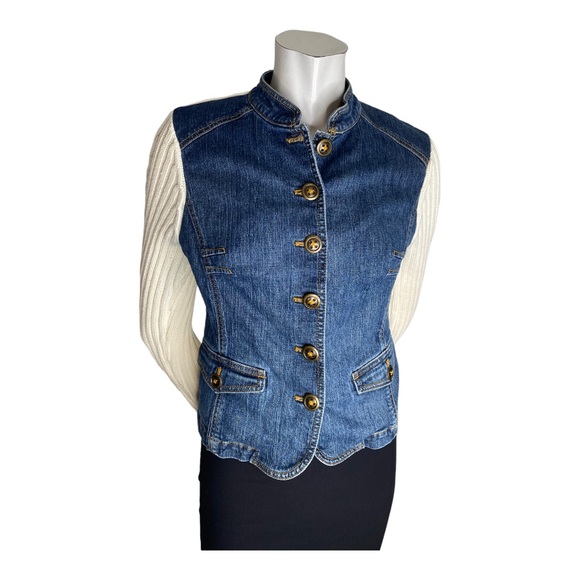 Jones New York Jeans Cotton Cardigan with Denim Bodice and Collar Petite Small - Picture 1 of 3